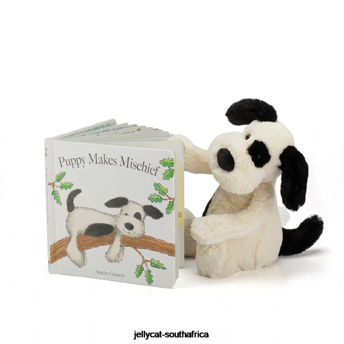 747 Book Puppy Makes Mischief Book and Bashful Puppy Black and White Jellycat