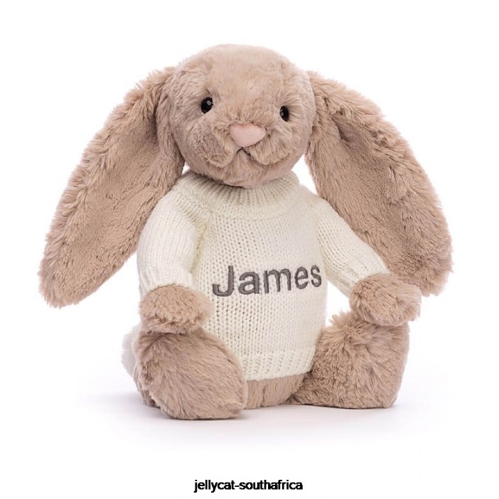 146 Toy Bashful Bunny with Personalised Cream Jumper Beige Jellycat