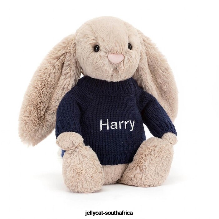 147 Toy Bashful Bunny with Personalised Navy Jumper Beige Jellycat