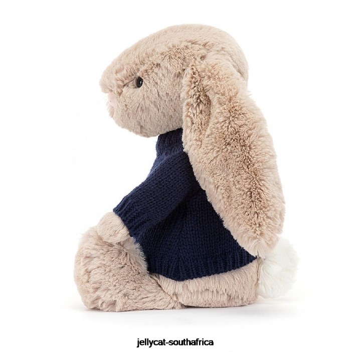 147 Toy Bashful Bunny with Personalised Navy Jumper Beige Jellycat