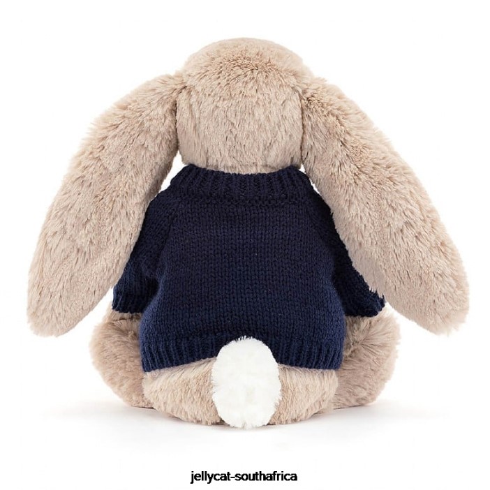 147 Toy Bashful Bunny with Personalised Navy Jumper Beige Jellycat