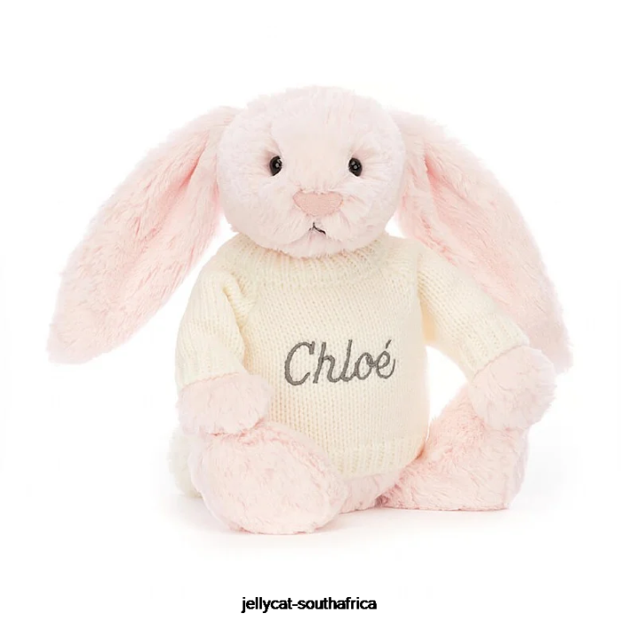 159 Toy Bashful Pink Bunny with Personalised Cream Jumper Baby Pink Jellycat