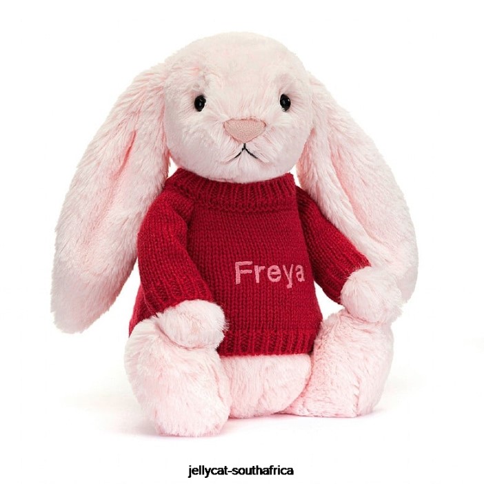 172 Toy Bashful Pink Bunny with Personalised Red Jumper Baby Pink Jellycat