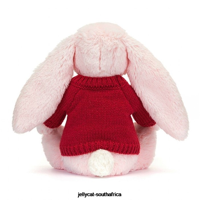 172 Toy Bashful Pink Bunny with Personalised Red Jumper Baby Pink Jellycat