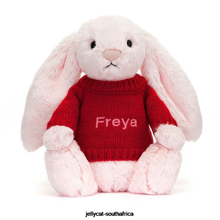 172 Toy Bashful Pink Bunny with Personalised Red Jumper Baby Pink Jellycat