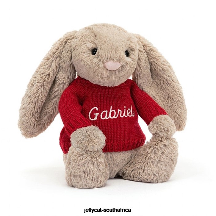 178 Toy Bashful Bunny with Personalised Red Jumper Beige Jellycat