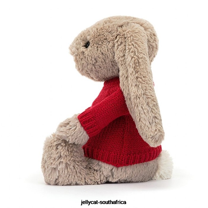 178 Toy Bashful Bunny with Personalised Red Jumper Beige Jellycat