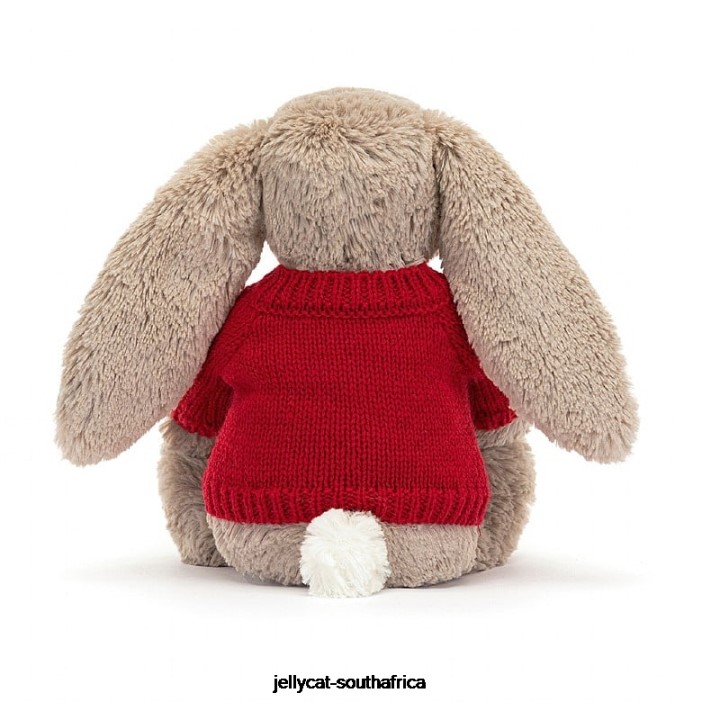 178 Toy Bashful Bunny with Personalised Red Jumper Beige Jellycat