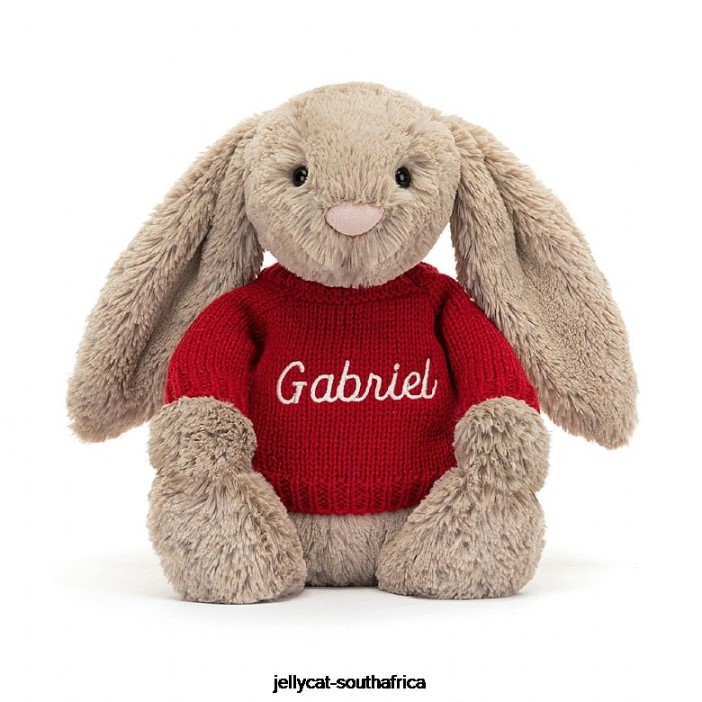 178 Toy Bashful Bunny with Personalised Red Jumper Beige Jellycat