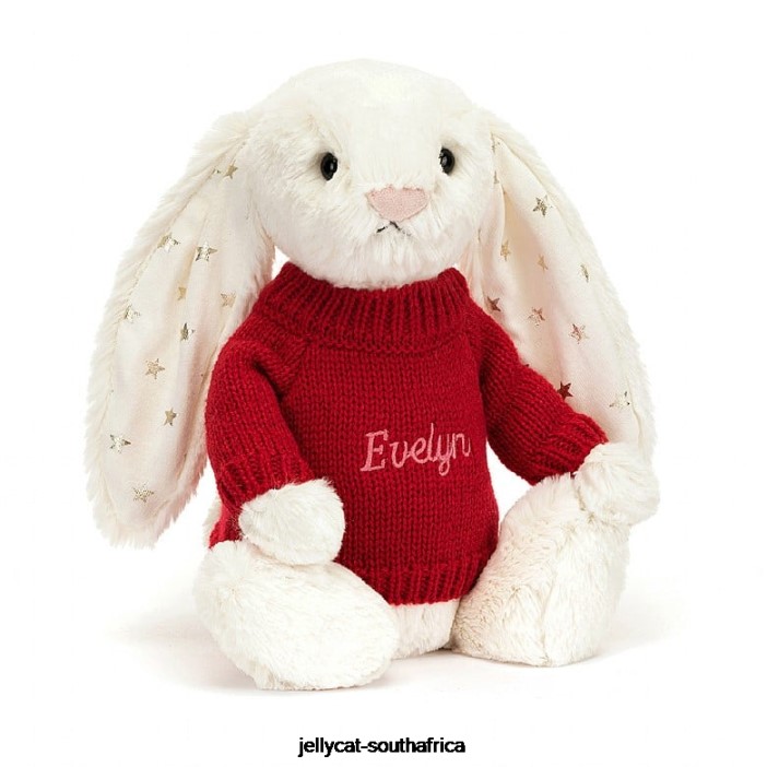 213 Toy Bashful Twinkle Bunny with Personalised Red Jumper Cream Jellycat