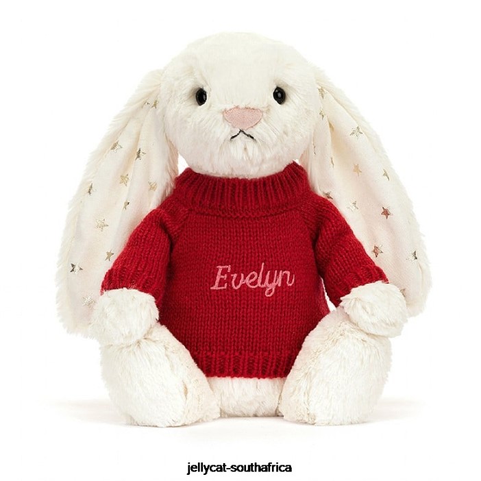 213 Toy Bashful Twinkle Bunny with Personalised Red Jumper Cream Jellycat