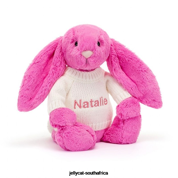 216 Toy Bashful Bunny with Personalised Cream Jumper Hot Pink Jellycat