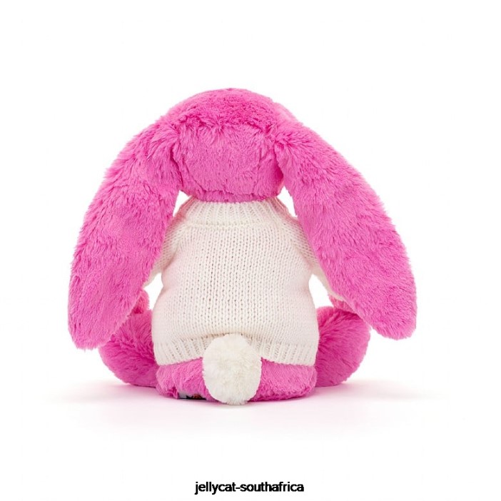 216 Toy Bashful Bunny with Personalised Cream Jumper Hot Pink Jellycat