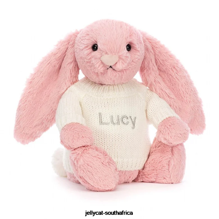 243 Toy Bashful Petal Bunny with Personalised Cream Jumper Sorbet Pink Jellycat
