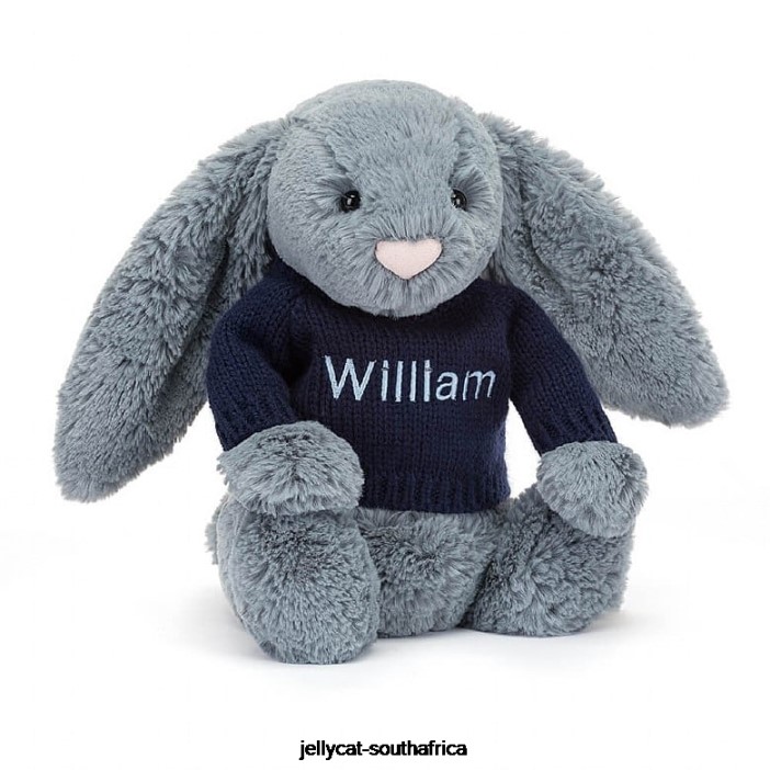 244 Toy Bashful Dusky Bunny with Personalised Navy Jumper Blue Jellycat