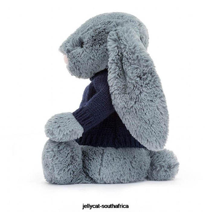 244 Toy Bashful Dusky Bunny with Personalised Navy Jumper Blue Jellycat