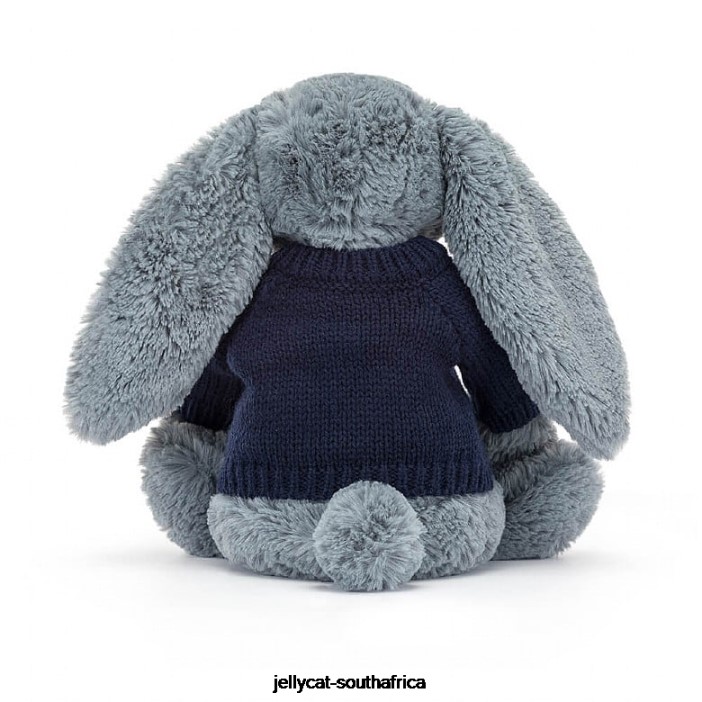 244 Toy Bashful Dusky Bunny with Personalised Navy Jumper Blue Jellycat