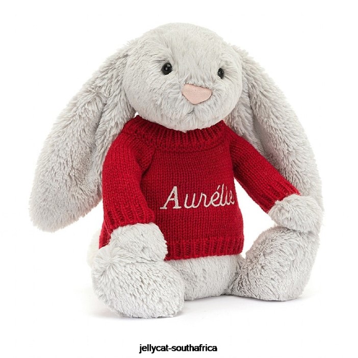 245 Toy Bashful Bunny with Personalised Red Jumper Silver Jellycat