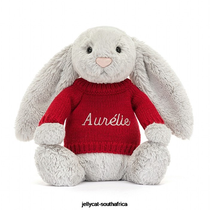 245 Toy Bashful Bunny with Personalised Red Jumper Silver Jellycat