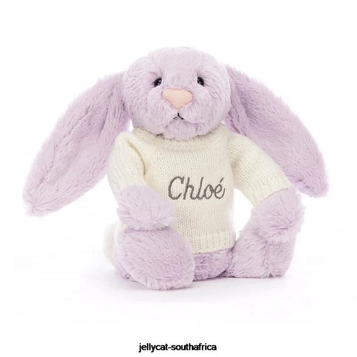 257 Toy Bashful Bunny with Personalised Cream Jumper Lilac Jellycat