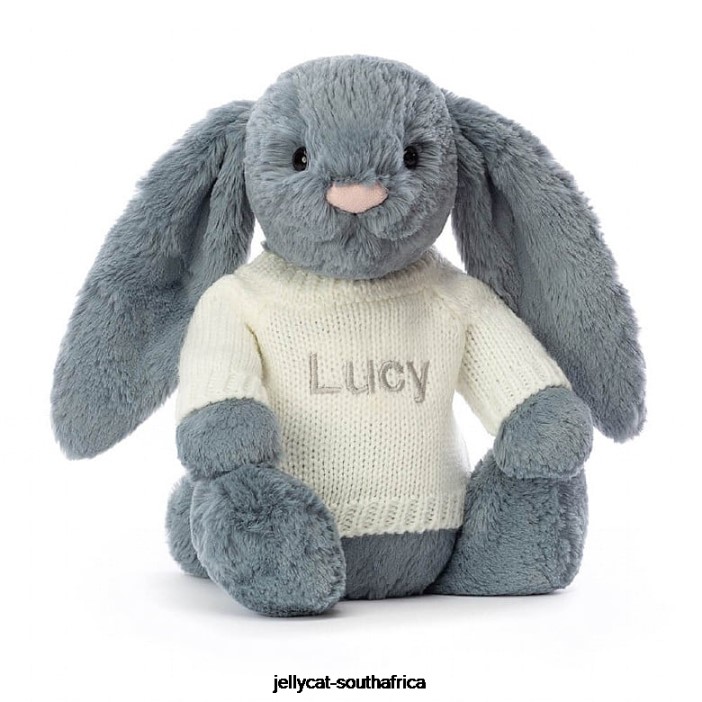 266 Toy Bashful Dusky Bunny with Personalised Cream Jumper Blue Jellycat