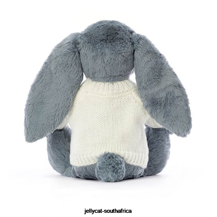 266 Toy Bashful Dusky Bunny with Personalised Cream Jumper Blue Jellycat