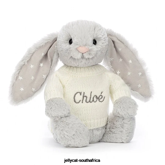267 Toy Bashful Shimmer Bunny with Personalised Cream Jumper Grey Jellycat