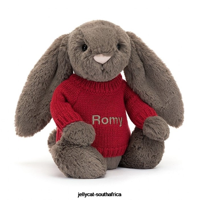 270 Toy Bashful Truffle Bunny with Personalised Red Jumper Brown Jellycat