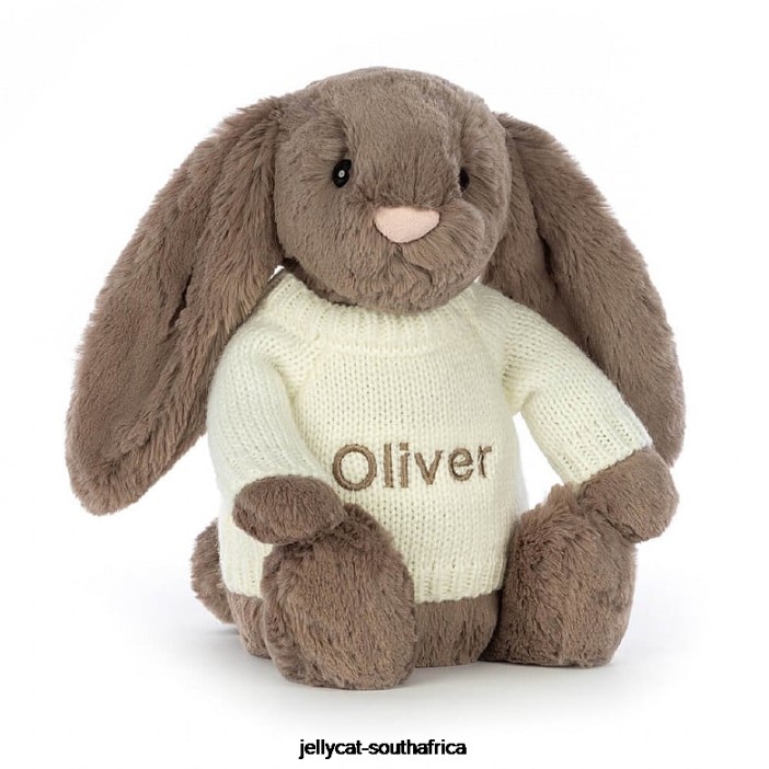 281 Toy Bashful Truffle Bunny with Personalised Cream Jumper Brown Jellycat