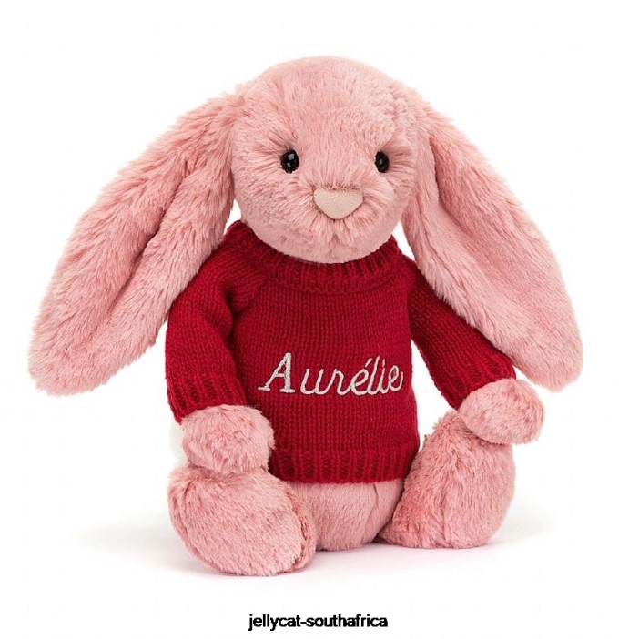 299 Toy Bashful Petal Bunny with Personalised Red Jumper Sorbet Pink Jellycat