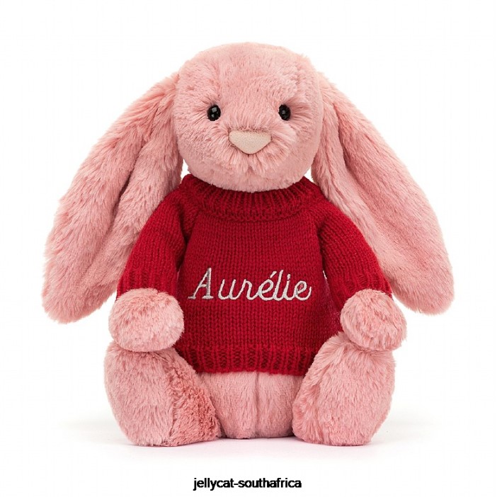 299 Toy Bashful Petal Bunny with Personalised Red Jumper Sorbet Pink Jellycat