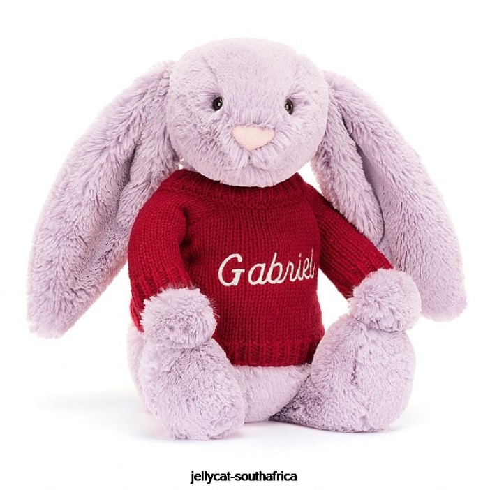 300 Toy Bashful Bunny with Personalised Red Jumper Lilac Jellycat