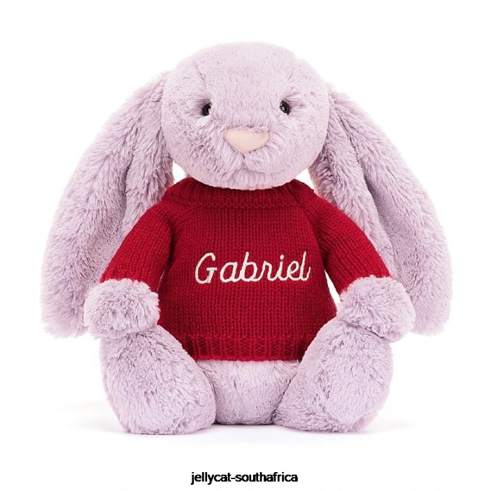 300 Toy Bashful Bunny with Personalised Red Jumper Lilac Jellycat