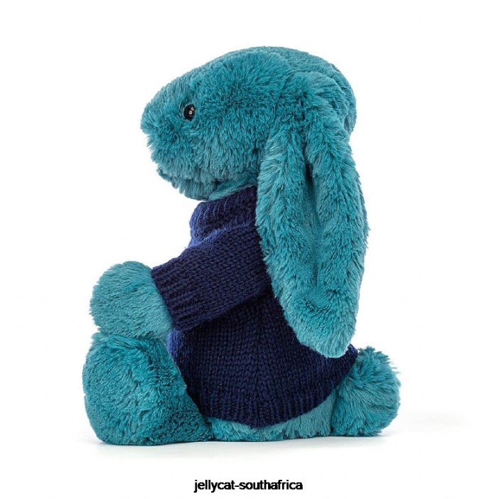 316 Toy Bashful Mineral Blue Bunny with Personalised Navy Jumper Colbalt Blue Jellycat