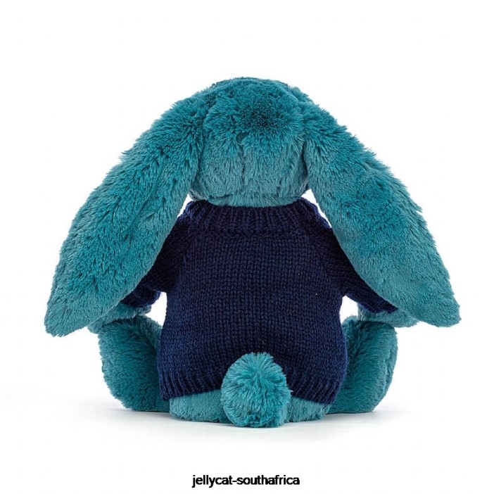 316 Toy Bashful Mineral Blue Bunny with Personalised Navy Jumper Colbalt Blue Jellycat