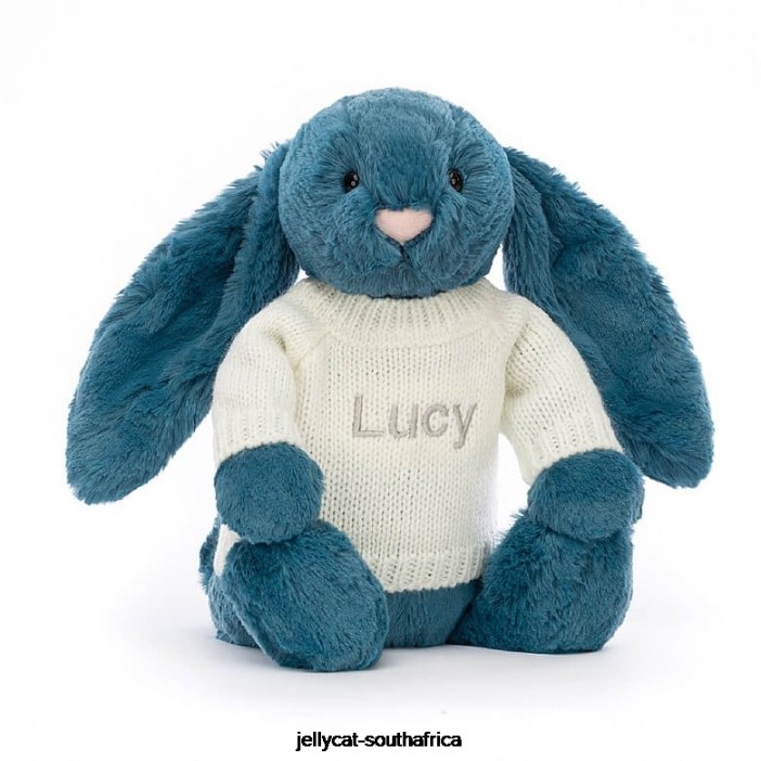 330 Toy Bashful Mineral Blue Bunny with Personalised Cream Jumper Colbalt Blue Jellycat