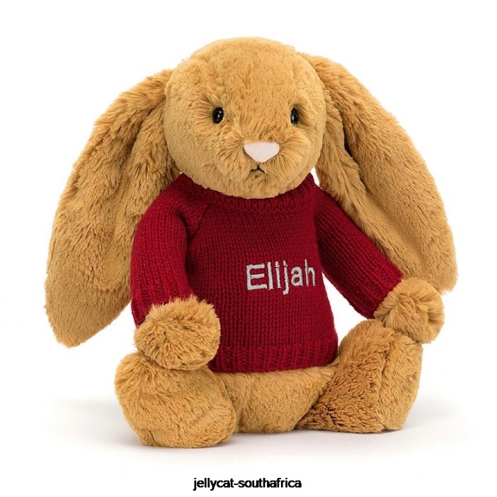 333 Toy Bashful en Bunny with Personalised Red Jumper Gold Jellycat