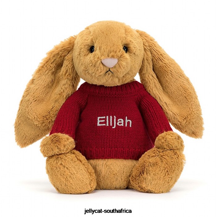 333 Toy Bashful en Bunny with Personalised Red Jumper Gold Jellycat
