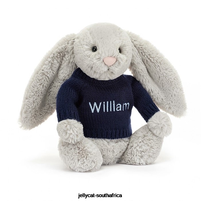 345 Toy Bashful Bunny with Personalised Navy Jumper Silver Jellycat