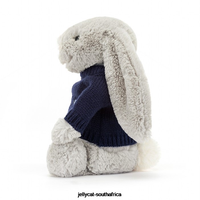 345 Toy Bashful Bunny with Personalised Navy Jumper Silver Jellycat