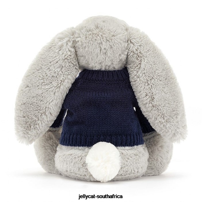 345 Toy Bashful Bunny with Personalised Navy Jumper Silver Jellycat