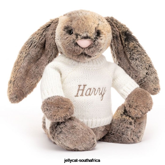 354 Toy Bashful Cottontail Bunny with Personalised Cream Jumper Grey Jellycat