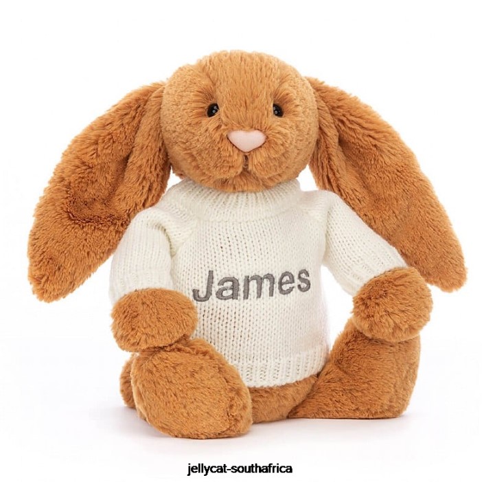 355 Toy Bashful en Bunny with Personalised Cream Jumper Gold Jellycat