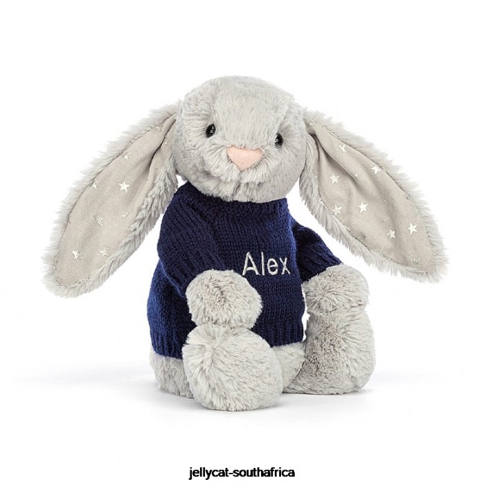 356 Toy Bashful Shimmer Bunny with Personalised Navy Jumper Grey Jellycat