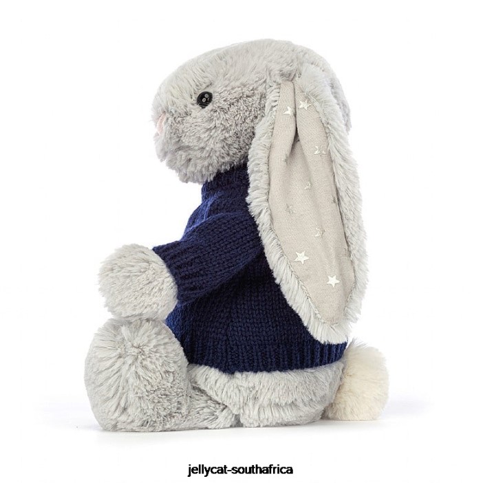 356 Toy Bashful Shimmer Bunny with Personalised Navy Jumper Grey Jellycat