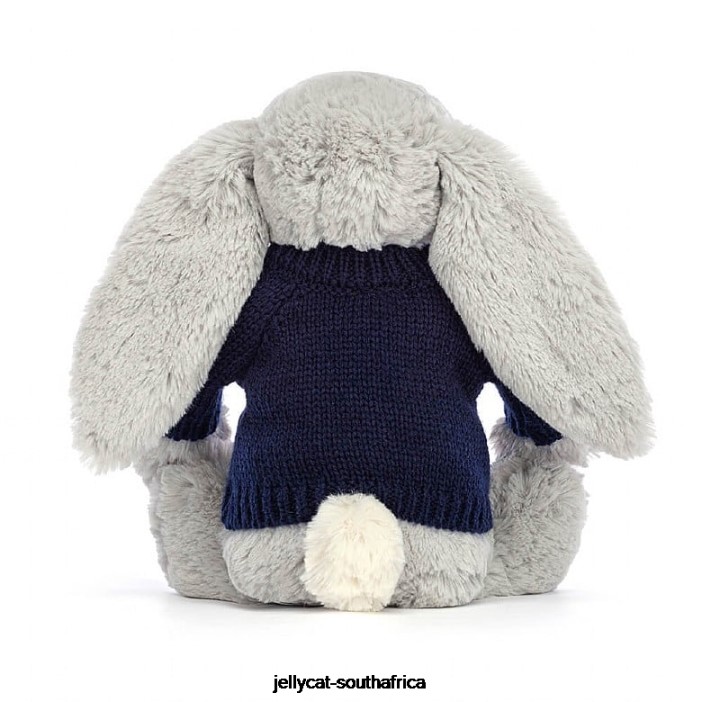 356 Toy Bashful Shimmer Bunny with Personalised Navy Jumper Grey Jellycat