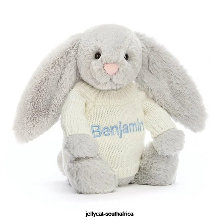 371 Toy Bashful Bunny with Personalised Cream Jumper Silver Jellycat