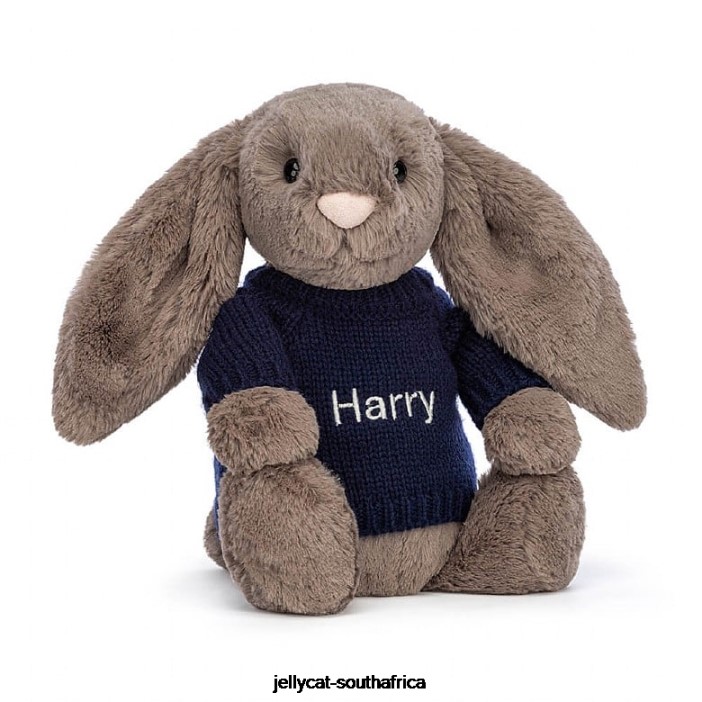 373 Toy Bashful Truffle Bunny with Personalised Navy Jumper Brown Jellycat