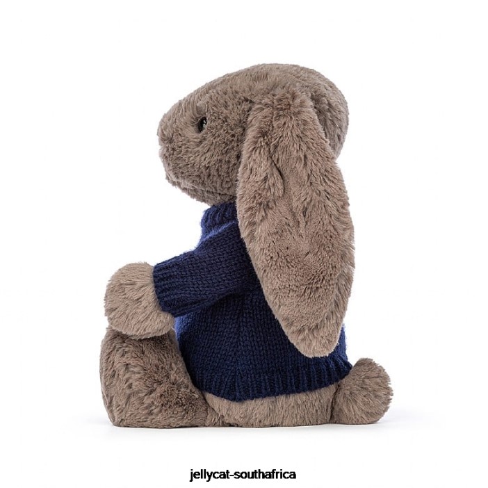 373 Toy Bashful Truffle Bunny with Personalised Navy Jumper Brown Jellycat