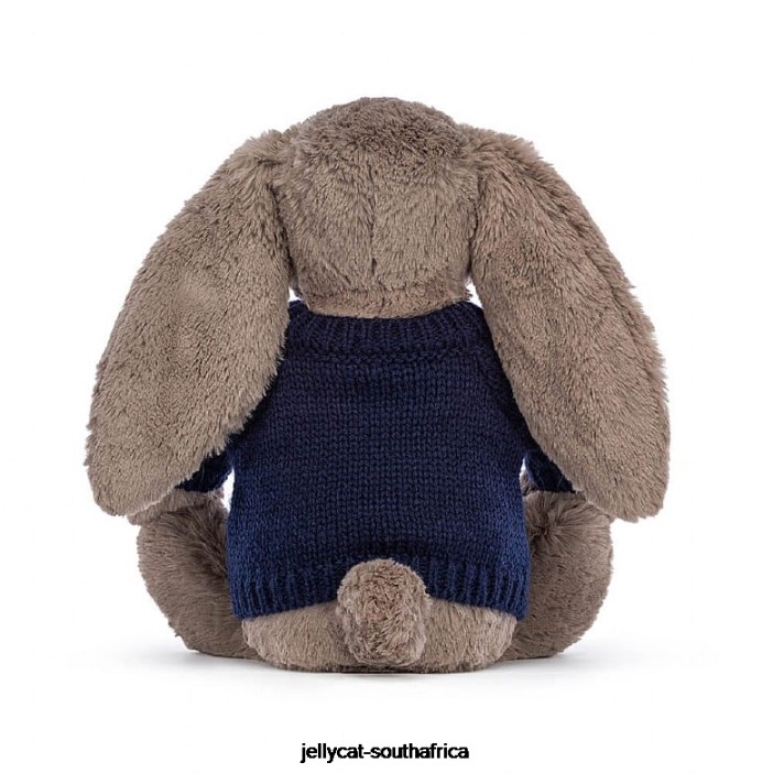 373 Toy Bashful Truffle Bunny with Personalised Navy Jumper Brown Jellycat